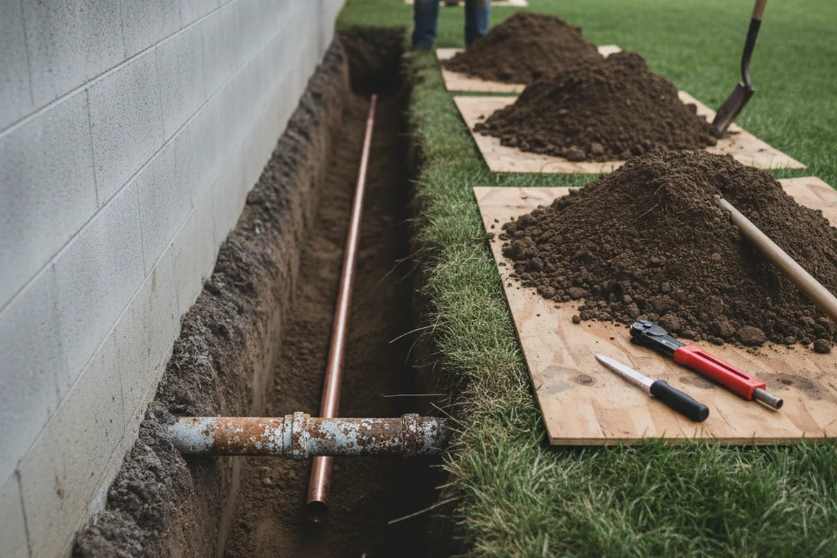 Excavated water line trench during Water Heater Repair in Jackpot